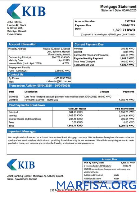 Blank Kuwait International Bank mortgage statement Word and PDF template